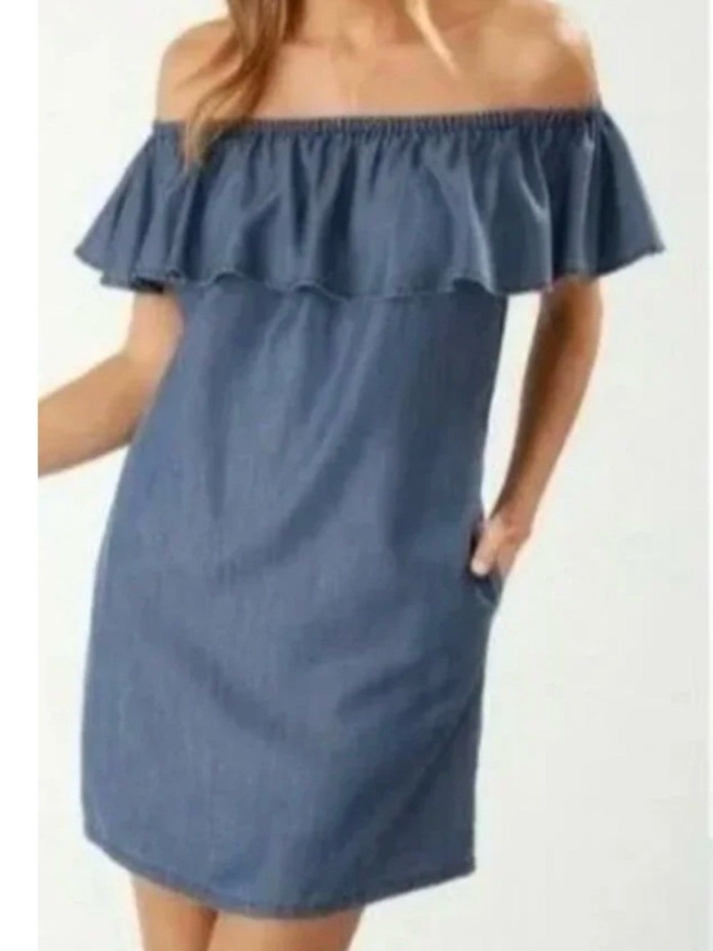 Madewell Rio Linen Off-Shoulder Ruffled Dress in Blue Small